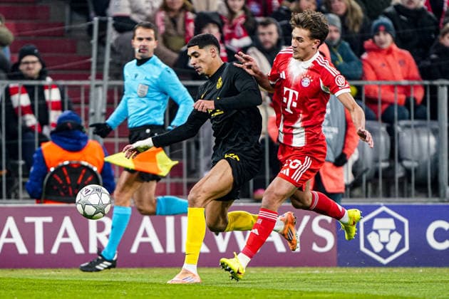 2026-01-21 FC Bayern München v R. Union Saint-Gilloise - UEFA Champions League 2025 26 League Phase MD7 MUNICH, GERMANY - JANUARY 21: Anan Khalaili of R. Union Saint-Gilloise, Tom Bischof of FC Bayern M++nchen battle for the ball during the UEFA Champions League 2025 26 League Phase MD7 match between FC Bayern M++nchen and R. Union Saint-Gilloise at Football Arena Munich on January 21, 2026 in Munich, Germany. Munich Football Arena Munich Germany Content not available for redistribution in The Netherlands directly or indirectly through any third parties. Copyright: xAndrexWeeningx