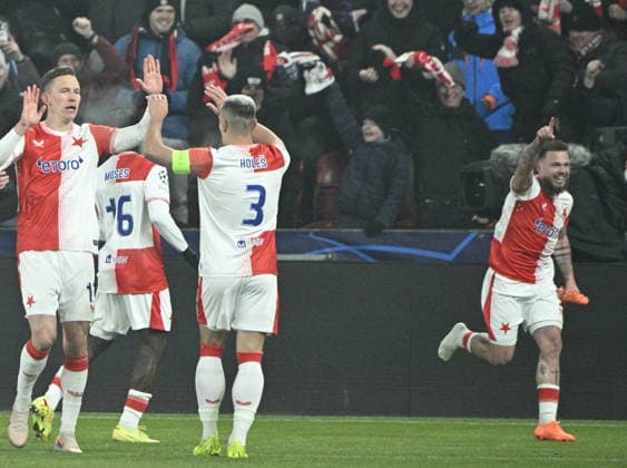 Slavia players celebrate a goal during the Champions League 7th round match Slavia Praha vs FC Barcelona, Barca in Pilsen, Czech Republic, January 21, 2026. (CTKxPhoto MichalxKrumphanzl) CTKPhotoP2026012110141  CTKPhotoP2026012110141