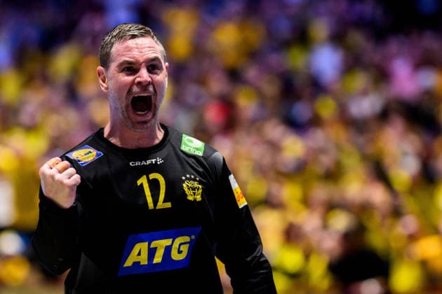 260121 Goalkeeper Andreas Palicka of Sweden celebrates during the EHF European Handball Championship preliminary round match between Sweden and Croatia on January 21, 2026 in Malmö. Photo: Petter Arvidson BILDBYRAN kod PA PA1130 handball handboll handball handbolls-em 2026 sverige sweden croatia kroatien ehf european handball championship sverige bbeng grappa33 jubel sverige sweden celebrates Copyright: PETTERxARVIDSON BB260121PA207