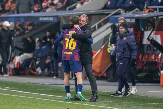 Fermin Lopez a goal celebrate with Hansi Flick during UEFA Champions league match, SK Slavia Praha - FC Barcelona, Barca , 21 january 2026, Fortuna Arena, Praha, Czech republic Copyright: xMICHALxFAJT,ZOSPORTU.SKx FAJ_9830