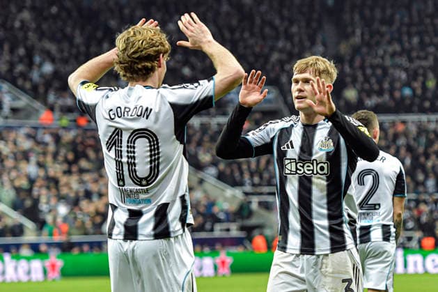 Newcastle United v PSV Eindhoven UEFA Champions League Anthony Gordon of Newcastle United scores his teams second goal and celebrates his goal with Lewis Hall during the UEFA Champions League match at St. James s Park, Newcastle 21 01 2026 UK Newspapers OUT Copyright: xJamiexJohnstonx FIL-22840-0112