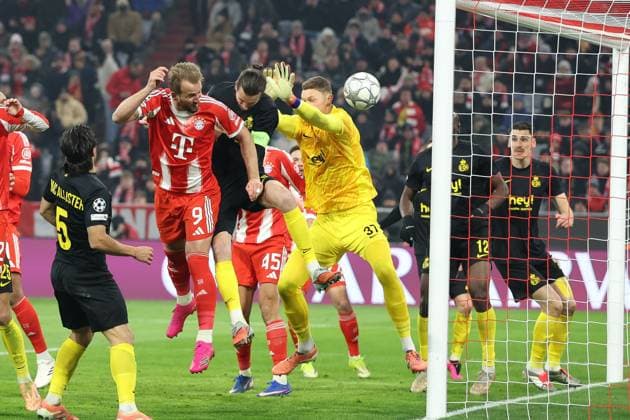 Harry Kane 9 (FC Bayern Muenchen) trifft das Tor zum 1:0 per Kopfball, Kjell Scherpen 37 (Royale Union Saint Gilloise), FC Bayern Muenchen vs. Royale Union Saint-Gilloise, Fussball, Champions League, 7. Spieltag, 21.01.2026 Muenchen Bayern Deutschland