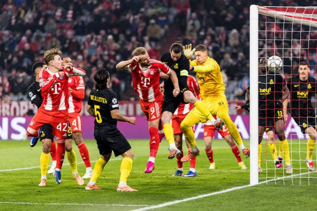 MUNICH, GERMANY - JANUARY 21: Harry Kane (FC Bayern Muenchen, 9) scores the 1:0 goal via header during the UEFA Champions League match between FC Bayern Munich vs. Royale Union Saint-Gilloise at Allianz Arena on matchday 7 of the UEFA Champions League Season 2025 26 on January 21, 2025 in Munich, Germany. Bavaria Germany Copyright: xSteffiexWunderlx