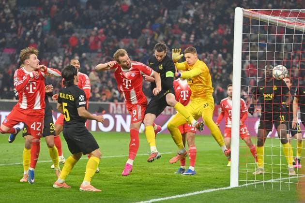 Tor Harry KANE (Bayern Muenchen) nach Tor zum 1-0, Aktion,Kopfball gegen Christian BURGESS (Saint Gilloise) uhd Torwart Kjell SCHERPEN (Saint Gilloise) Strafraumszene. Fussball Champions League,Saison 2025 26, Ligaphase FC Bayern Muenchen - Royale Union Saint-Gilloise am 21.01.2026.