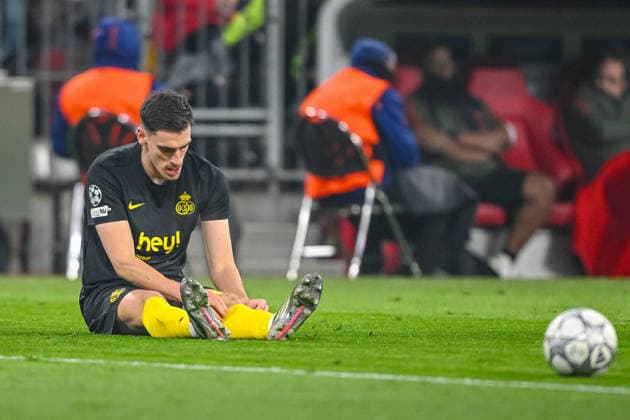 Ross Sykes (R. Union Saint-Gilloise) on the ground during the UEFA Champions League 2025 26 League Phase MD7 match between FC Bayern München and R. Union Saint-Gilloise at Football Arena Munich on January 21, 2026 in Munich, Germany. (Photo by Harry Langer DeFodi Images) -