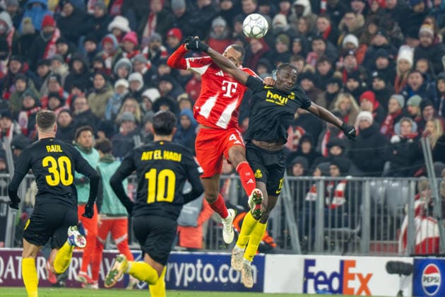 Mathias Rasmussen 4 (Royale Union Saint Gilloise) Kopfball im Zweikampf mit Promise David 12 (Royale Union Saint Gilloise), FC Bayern Muenchen vs. Royale Union Saint Gilloise, Fussball, UEFA Champions League, 7. Spieltag, 21.01.2026 DFB regulations prohibit any use of photographs as image sequences and or quasi-video Muenchen Bayern Deutschland