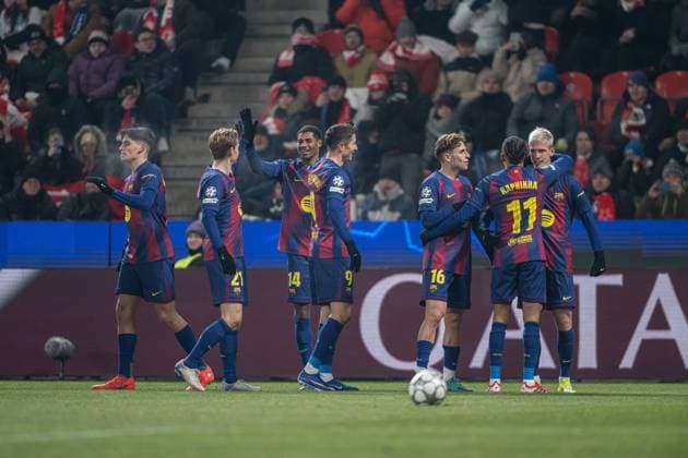 FC Barcelona, Barca players a goal celebrate during UEFA Champions league match, SK Slavia Praha - FC Barcelona , 21 january 2026, Fortuna Arena, Praha, Czech republic Copyright: xMICHALxFAJT,ZOSPORTU.SKx MAR_0055