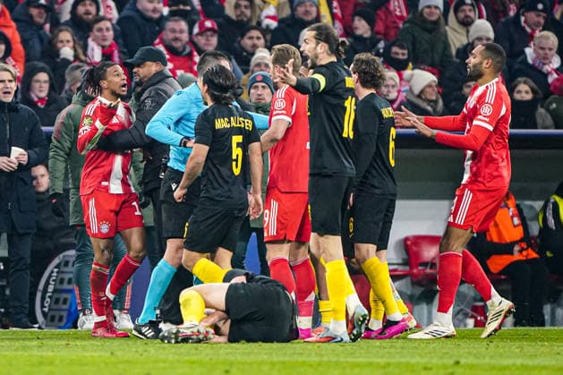 2026-01-21 FC Bayern München v R. Union Saint-Gilloise - UEFA Champions League 2025 26 League Phase MD7 MUNICH, GERMANY - JANUARY 21: Michael Olise of FC Bayern Munchen, head coach Vincent Kompany of FC Bayern Munchen arguing with the opponents during the UEFA Champions League 2025 26 League Phase MD7 match between FC Bayern M++nchen and R. Union Saint-Gilloise at Football Arena Munich on January 21, 2026 in Munich, Germany. Munich Football Arena Munich Germany Content not available for redistribution in The Netherlands directly or indirectly through any third parties. Copyright: xAndrexWeeningx