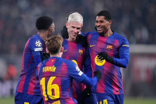 SK Slavia Praha v FC Barcelona, Barca - UEFA Champions League 2025 26 League Phase MD7 Dani Olmo attacking midfield of Barcelona and Spain celebrates after scoring his sides first goal during the UEFA Champions League 2025 26 League Phase MD7 match between SK Slavia Praha and FC Barcelona at Eden Arena on January 21, 2026 in Prague, Czech Republic. Prague Czech Republic  Copyright: xJosexBretonx originalFilename:bretonhernandez-skslavia260121_npCOV.jpg
