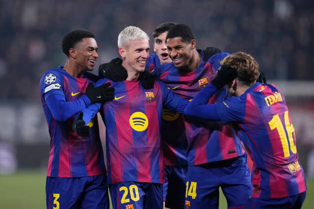 SK Slavia Praha v FC Barcelona, Barca - UEFA Champions League 2025 26 League Phase MD7 Dani Olmo attacking midfield of Barcelona and Spain celebrates after scoring his sides first goal during the UEFA Champions League 2025 26 League Phase MD7 match between SK Slavia Praha and FC Barcelona at Eden Arena on January 21, 2026 in Prague, Czech Republic. Prague Czech Republic  Copyright: xJosexBretonx originalFilename:bretonhernandez-skslavia260121_npROz.jpg