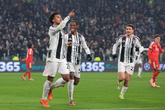 Turin, Italy, 21st January 2026. Weston McKennie of Juventus celebrates with team mates Jonathan David and Andrea Cambiaso after scoring to give the hosts a 2-0 lead during the Juventus vs Benfica UEFA Champions League match at Juventus Stadium, Turin. Picture credit should read: Jonathan Moscrop Sportimage EDITORIAL USE ONLY. No use with unauthorised audio, video, data, fixture lists, club league logos or live services. Online in-match use limited to 120 images, no video emulation. No use in betting, games or single club league player publications. SPI_028_JM_JUVE_BENFICA_UCL SPI-4420-0026