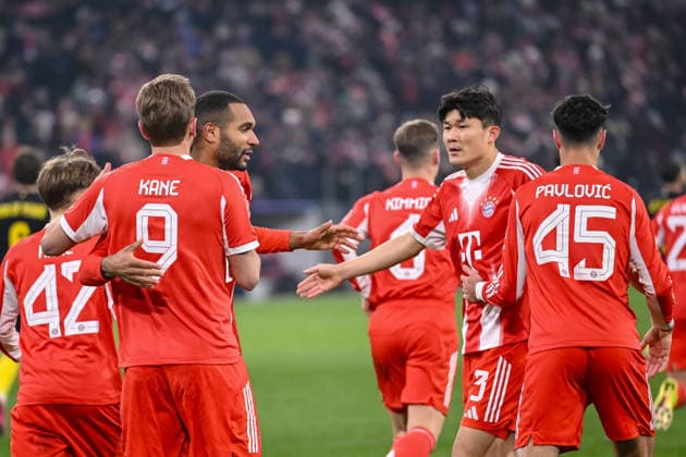 Harry Kane (FC Bayern München) celebrates after scoring his team s second goal with teammates during the UEFA Champions League 2025 26 League Phase MD7 match between FC Bayern München and R. Union Saint-Gilloise at Football Arena Munich on January 21, 2026 in Munich, Germany. (Photo by Harry Langer DeFodi Images) -