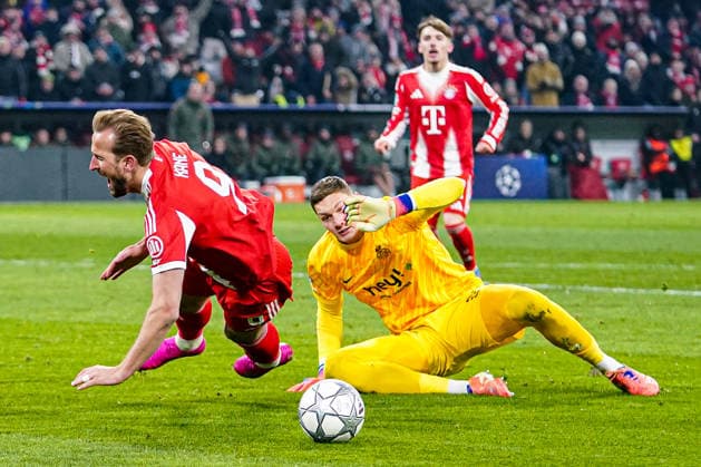 2026-01-21 FC Bayern München v R. Union Saint-Gilloise - UEFA Champions League 2025 26 League Phase MD7 MUNICH, GERMANY - JANUARY 21: goalkeeper Kjell Scherpen of R. Union Saint-Gilloise tackles Harry Kane of FC Bayern Munchen during the UEFA Champions League 2025 26 League Phase MD7 match between FC Bayern M++nchen and R. Union Saint-Gilloise at Football Arena Munich on January 21, 2026 in Munich, Germany. Munich Football Arena Munich Germany Content not available for redistribution in The Netherlands directly or indirectly through any third parties. Copyright: xAndrexWeeningx