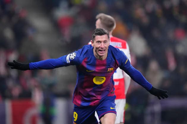 SK Slavia Praha v FC Barcelona, Barca - UEFA Champions League 2025 26 League Phase MD7 Robert Lewandowski centre-forward of Barcelona and Poland celebrates after scoring his sides first goal during the UEFA Champions League 2025 26 League Phase MD7 match between SK Slavia Praha and FC Barcelona at Eden Arena on January 21, 2026 in Prague, Czech Republic. Prague Czech Republic  Copyright: xJosexBretonx originalFilename:bretonhernandez-skslavia260121_npeLg.jpg