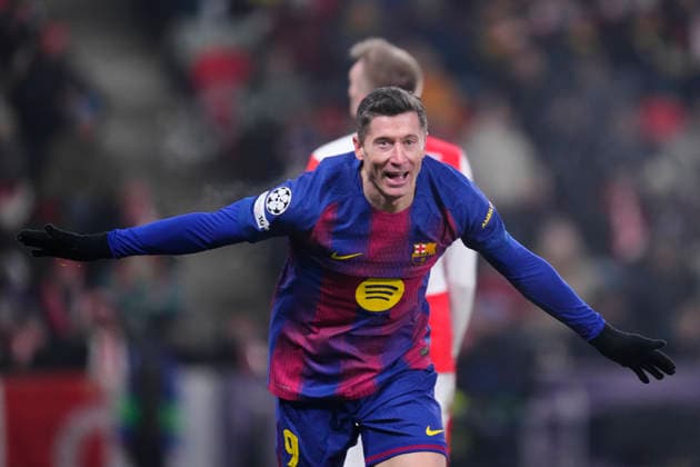 SK Slavia Praha v FC Barcelona, Barca - UEFA Champions League 2025 26 League Phase MD7 Robert Lewandowski centre-forward of Barcelona and Poland celebrates after scoring his sides first goal during the UEFA Champions League 2025 26 League Phase MD7 match between SK Slavia Praha and FC Barcelona at Eden Arena on January 21, 2026 in Prague, Czech Republic. Prague Czech Republic  Copyright: xJosexBretonx originalFilename:bretonhernandez-skslavia260121_npsVY.jpg