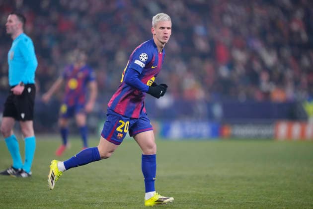 SK Slavia Praha v FC Barcelona, Barca - UEFA Champions League 2025 26 League Phase MD7 Dani Olmo attacking midfield of Barcelona and Spain celebrates after scoring his sides first goal during the UEFA Champions League 2025 26 League Phase MD7 match between SK Slavia Praha and FC Barcelona at Eden Arena on January 21, 2026 in Prague, Czech Republic. Prague Czech Republic  Copyright: xJosexBretonx originalFilename:bretonhernandez-skslavia260121_np8t4.jpg