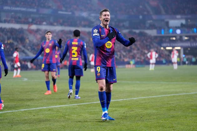 SK Slavia Praha v FC Barcelona, Barca - UEFA Champions League 2025 26 League Phase MD7 Robert Lewandowski centre-forward of Barcelona and Poland celebrates after scoring his sides first goal during the UEFA Champions League 2025 26 League Phase MD7 match between SK Slavia Praha and FC Barcelona at Eden Arena on January 21, 2026 in Prague, Czech Republic. Prague Czech Republic  Copyright: xJosexBretonx originalFilename:bretonhernandez-skslavia260121_npdal.jpg