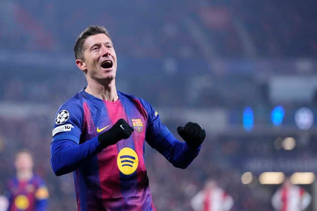 SK Slavia Praha v FC Barcelona, Barca - UEFA Champions League 2025 26 League Phase MD7 Robert Lewandowski centre-forward of Barcelona and Poland celebrates after scoring his sides first goal during the UEFA Champions League 2025 26 League Phase MD7 match between SK Slavia Praha and FC Barcelona at Eden Arena on January 21, 2026 in Prague, Czech Republic. Prague Czech Republic  Copyright: xJosexBretonx originalFilename:bretonhernandez-skslavia260121_npzKx.jpg