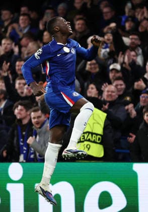 London, England, 21st January 2026. Moises Caicedo of Chelsea celebrates after scoring the opening goal during the Chelsea vs Pafos FC UEFA Champions League match at Stamford Bridge, London. Picture credit should read: David Klein Sportimage EDITORIAL USE ONLY. No use with unauthorised audio, video, data, fixture lists, club league logos or live services. Online in-match use limited to 120 images, no video emulation. No use in betting, games or single club league player publications. SPI_051_DK_CHELSEA_PAFOS SPI-4466-0051