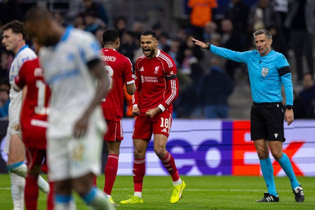 Football - UEFA Champions League - League Phase - Olympique de Marseille v Liverpool FC MARSEILLE, FRANCE - Wednesday, January 21, 2026: Liverpool s Cody Gakpo (R) celebrates with team-mate Ryan Gravenberch after scoring the third goal during the UEFA Champions League match between Olympique de Marseille and Liverpool FC at the Stade VÃ lodrome. (Photo by David Rawcliffe Propaganda) MARSEILLE Stade VÃ lodrome BOUCHES-DU-RHÃ NE FRANCE  Copyright: xDavidxRawcliffex P2026-01-21-Marseille_Liverpool-121