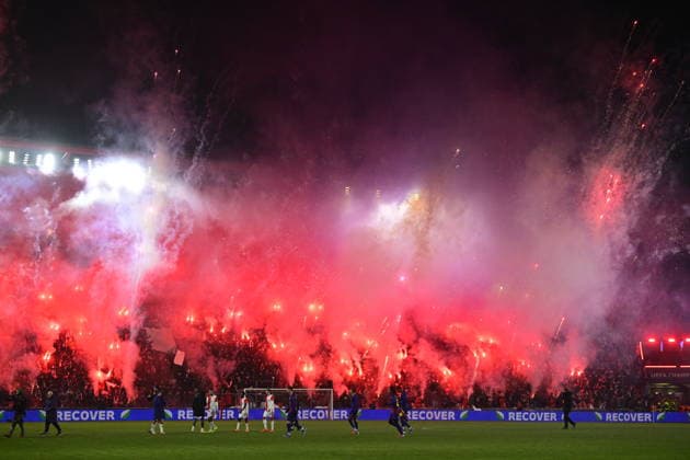 SK Slavia Praha fans after the Champions League 7th round match Slavia Praha vs FC Barcelona, Barca in Pilsen, Czech Republic, January 21, 2026. (CTKxPhoto VitxSimanek) CTKPhotoP2026012111138  CTKPhotoP2026012111138