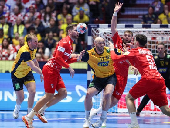 Sweden v Croatia - Men s EHF EURO 2026 MALMO, SWEDEN - JANUARY 21: Max Darj of Sweden, Tin Lucin of Croatia, Oscar Bergendahl of Sweden and Zlatko Rauzan of Croatia during the Men s EHF Euro 2026 - Preliminary Round - Group E match between Sweden and Croatia at Malmo Arena on January 21, 2026 in Malmo, Sweden.  SanjinxStrukic PIXSELL
