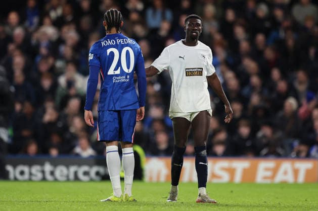 21st January 2026; Stamford Bridge, Chelsea, London, England: UEFA Champions League Football, Chelsea versus Pafos; Derrick Luckassen of Pafos and Joao Pedro of Chelsea  HenningxvonxJagow Content restricted for UK based newspaper