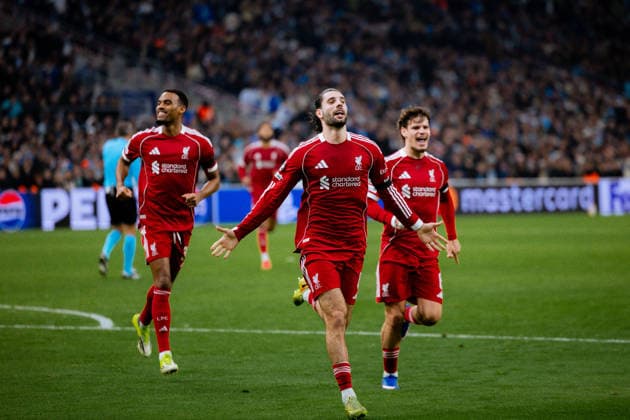 Dominik Szoboszlai of Liverpool FC celebrates after scoring his first team?s goal during the UEFA Champions League game between Olympique de Marseille and Liverpool FC at Stade Velodrome in Marseille, France. Copyright: xPaulinexFiguetx xSPPx Sportspressphoto_SPR84230