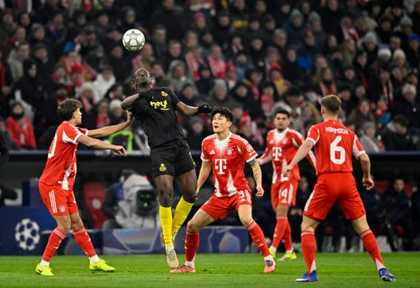 Zweikampf, Aktion Promise David R. Union Saint-Gilloise USG (12) gegen Tom Bischof FC Bayern Muenchen FCB (20) Min-jae Kim FC Bayern Muenchen FCB (03) Joshua Kimmich FC Bayern Muenchen FCB (06) Luis Diaz FC Bayern Muenchen FCB (14) FC Bayern Muenchen FCB vs R. Union Saint-Gilloise Spieltag 7 21.01.2026 DFL REGULATIONS PROHIBIT ANY USE OF PHOTOGRAPHS AS IMAGE SEQUENCES AND OR QUASI-VIDEO FC Bayern Muenchen FCB vs R. Union Saint-Gilloise