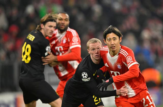 Zweikampf, Aktion in Erwartung eines Eckballs Hiroki Ito FC Bayern Muenchen FCB (21) Louis Patris R. Union Saint-Gilloise USG (27) Fedde Leysen R. Union Saint-Gilloise USG (48) Jonathan Tah FC Bayern Muenchen FCB (04) FC Bayern Muenchen FCB vs R. Union Saint-Gilloise Spieltag 7 21.01.2026 DFL REGULATIONS PROHIBIT ANY USE OF PHOTOGRAPHS AS IMAGE SEQUENCES AND OR QUASI-VIDEO FC Bayern Muenchen FCB vs R. Union Saint-Gilloise