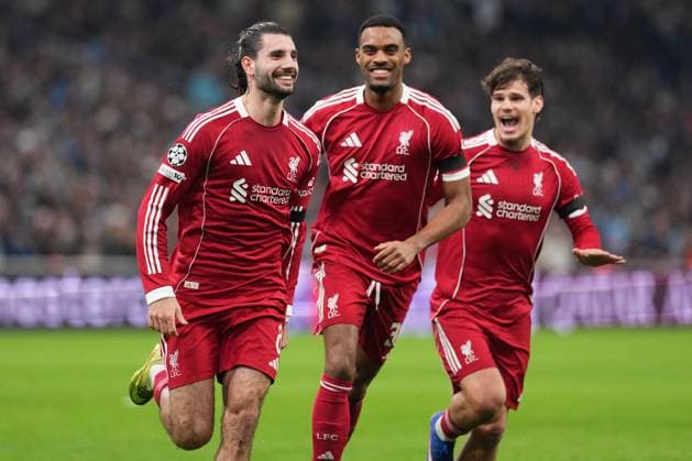 Dominik Szoboszlai of Liverpool celebrates with Ryan Gravenberch of Liverpool and Milos Kerkez of Liverpool after he puts his side 1-0 ahead with a free kick just before half-time Marseille v Liverpool, UEFA Champions League, Group Stage, Football, Orange Velodrome, Marseille, France - 21 Jan 2026Marseille Orange Vélodrome France EDITORIAL USE ONLY No use with unauthorised audio, video, data, fixture lists, club league logos or live services. Online in-match use limited to 120 images, no video emulation. No use in betting, games or single club league player publications. Copyright: xDavexWinter Shutterstockx 16348361kt