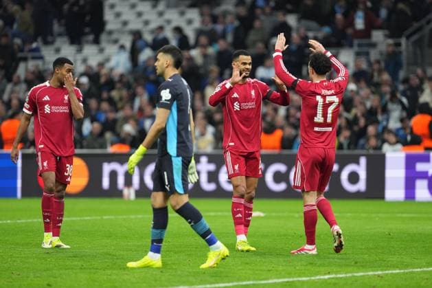 Cody Gakpo of Liverpool celebrates after he puts his side 3-0 ahead Marseille v Liverpool, UEFA Champions League, Group Stage, Football, Orange Velodrome, Marseille, France - 21 Jan 2026Marseille Orange Vélodrome France EDITORIAL USE ONLY No use with unauthorised audio, video, data, fixture lists, club league logos or live services. Online in-match use limited to 120 images, no video emulation. No use in betting, games or single club league player publications. Copyright: xDavexWinter Shutterstockx 16348361ou