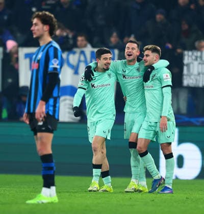 (260122) -- BERGAMO, Jan. 22, 2026 () -- Athletic Club s Gorka Guruzeta (2nd R) celebrates his goal with teammates during the UEFA Champions League match between Atalanta and Athletic Club in Bergamo, Italy, Jan. 21, 2026. () (SP)ITALY-BERGAMO-FOOTBALL-UEFA CHAMPIONS LEAGUE-ATALANTA VS ATHLETIC CLUB Xinhua 
