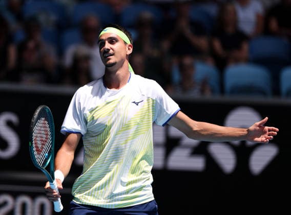 (260122) -- MELBOURNE, Jan. 22, 2026 -- Lorenzo Sonego of Italy reacts during the men s singles 2nd round match against Lorenzo Musetti of Italy at the Australian Open tennis tournament in Melbourne, Australia, Jan. 22, 2026. ) (SP)AUSTRALIA-MELBOURNE-TENNIS-AUSTRALIAN OPEN-MEN S SINGLES MaxPing 
