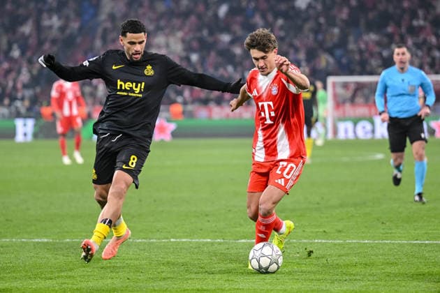 Adem Zorgane (R. Union Saint-Gilloise) und Tom Bischof (FC Bayern München) battle for the ball during the UEFA Champions League 2025 26 League Phase MD7 match between FC Bayern München and R. Union Saint-Gilloise at Football Arena Munich on January 21, 2026 in Munich, Germany. (Photo by Harry Langer DeFodi Images) -