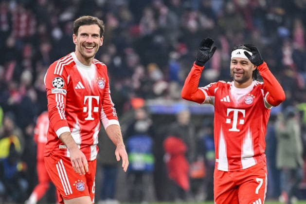Leon Goretzka (FC Bayern München) und Serge Gnabry (FC Bayern München) gestures during the UEFA Champions League 2025 26 League Phase MD7 match between FC Bayern München and R. Union Saint-Gilloise at Football Arena Munich on January 21, 2026 in Munich, Germany. (Photo by Harry Langer DeFodi Images) -