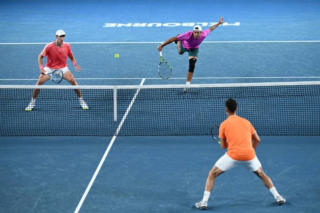 TENNIS AUSTRALIAN OPEN, Jason Kubler and Marc Polmans of Australia in action during the Men™s 1st round match against Thanasi Kokkinakis and Nick Kyrgios of Australia on day 5 of the 2026 Australian Open tennis tournament at Melbourne Park in Melbourne, Wednesday, January 22, 2026. ( NO ARCHIVING MELBOURNE VICTORIA AUSTRALIA  Copyright: xJOELxCARRETTx 20260122157216949777