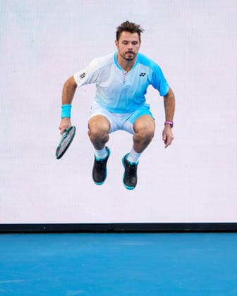 January 22, 2026: STAN WAWRINKA of Switzerland warms up between games with ARTHUR GEA of France on KIA Arena in a Men s Singles 2nd round match on day 5 of the 2026 Australian Open in Melbourne, Australia. WAWRINKA won 46 63 36 75 76. Cal Media Melbourne Australia - ZUMAc04_ 20260122_faf_c04_051 Copyright: xSydneyxLowx