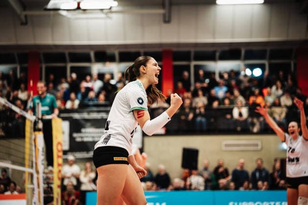 Volleyball Frauen Saison 2025 2026 Volleyball Bundesliga ETV Hamburger Volksbank Volleys vs. USC Münster 22.01.2026 Esther Spöler ( 3, USC Münster) jubelt Hamburg Sporthalle Hoheluft Hamburg Deutschland