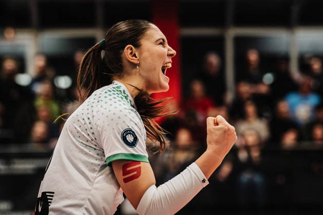 Volleyball Frauen Saison 2025 2026 Volleyball Bundesliga ETV Hamburger Volksbank Volleys vs. USC Münster 22.01.2026 Esther Spöler ( 3, USC Münster) jubelt Hamburg Sporthalle Hoheluft Hamburg Deutschland