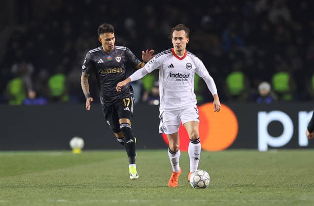 21.01.2026, Fussball UEFA Champions League, Qarabag Agdam FK - Eintracht Frankfurt, v.l., Camilo Duran (Qarabag Agdam FK), Arthur Theate (Eintracht Frankfurt) DFL DFB REGULATIONS PROHIBIT ANY USE OF PHOTOGRAPHS AS IMAGE SEQUENCES AND OR QUASI-VIDEO. xdcx Copyright: HMBxMedia Claus