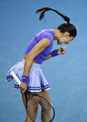 (260122) -- MELBOURNE, Jan. 22, 2026 -- Sorana Cirstea celebrates scoring during the women s singles 2nd round match between Osaka Naomi of Japan and Sorana Cirstea of Romania at the Australian Open tennis tournament in Melbourne, Australia, Jan. 22, 2026. (Photo by Xinhua) (SP)AUSTRALIA-MELBOURNE-TENNIS-AUSTRALIAN OPEN-WOMEN S SINGLES WangxShen 