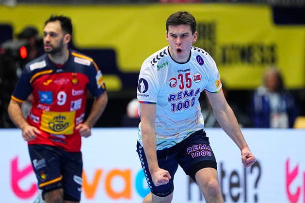 Men s Handball European Championship, EM, Europameisterschaft Spain - Norway Norway s Patrick Anderson celebrates during the EHF Euro 2026 main round European Men s Handball Championship match between Spain and Norway in Herning, Thursday, January 22, 2026. (Photo: Bo Amstrup Scanpix 2026) , Herning Denmark Copyright: BoxAmstrupx spdk20260122-180328-L