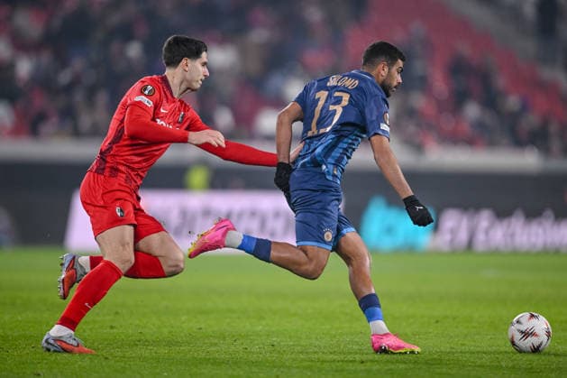Igor MatanoviÄ‡ (SC Freiburg) und Raz Shlomo (Maccabi Tel-Aviv FC) battle for the ball during the UEFA Europa League 2025 26 League Phase MD7 match between SC Freiburg and Maccabi Tel-Aviv FC at Stadion am Wolfswinkel on January 22, 2026 in Freiburg im Breisgau, Germany. (Photo by Harry Langer DeFodi Images) -