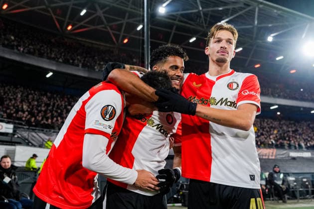 UEFA Europa League: Feyenoord v SK Sturm Graz Rotterdam - Goncalo Borges of Feyenoord, Luciano Valente of Feyenoord and Tsuyoshi Watanabe of Feyenoord during the seventh match of the UEFA Europa League 2025 2026. The match is set between Feyenoord and SK Sturm Graz at Stadion Feijenoord De Kuip on 22 January 2026 in Rotterdam, The Netherlands. Copyright: xTomxBodex