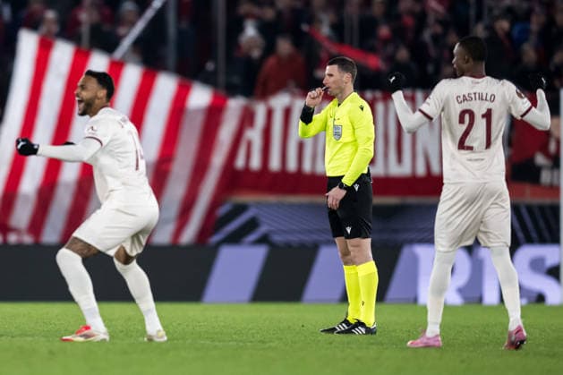 260122 Referee Georgi Kabakov, during the UEFA Europa League football match between Brann and Midtjylland on January 22, 2026 in Bergen. Photo: Marius Simensen BILDBYRAN COP 238 MM0054 bbeng fotboll football soccer fotball uefa europa league brann midtjylland Copyright: MARIUSxSIMENSEN BB260122ZJ013