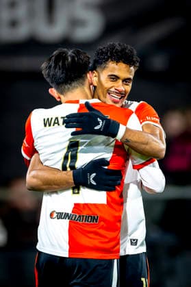 SC Feyenoord Rotterdam defender Tsuyoshi Watanabe scores the 1-0 and celebrating the goal during the match SC Feyenoord Rotterdam vs SK Sturm Graz at the for the Europa League - League phase - Matchday 7 season 2025-2026 in ROTTERDAM, Netherlands on 22 january 2026, (photo by Marcel van Dorst EYE4images DeFodi Images) -