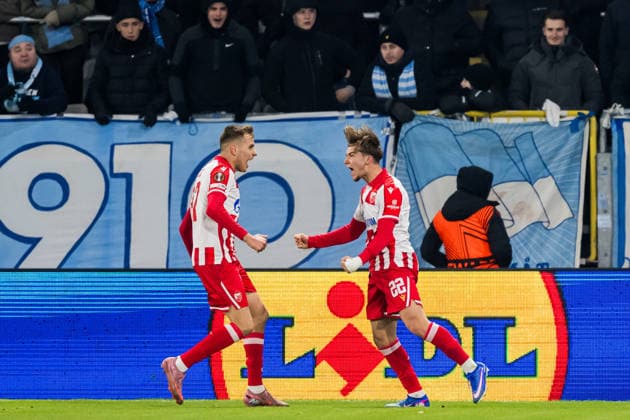 260122 Vladimir Lucic and Vasilije Kostov of Crvena Zvezda celebrate the 0-1 goal during the UEFA Europa League football match between Malmö FF and Crvena Zvezda on January 22, 2026 in Malmö. Photo: Petter Arvidson BILDBYRAN kod PA PA1132 fotboll football soccer fotball uefa europa league europa league malmö ff crvena jubel zvezda bbeng röda stjärnan Copyright: PETTERxARVIDSON BB260122PA103
