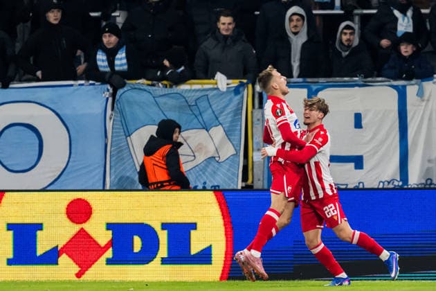 260122 Vladimir Lucic and Vasilije Kostov of Crvena Zvezda celebrate the 0-1 goal during the UEFA Europa League football match between Malmö FF and Crvena Zvezda on January 22, 2026 in Malmö. Photo: Petter Arvidson BILDBYRAN kod PA PA1132 fotboll football soccer fotball uefa europa league europa league malmö ff crvena jubel zvezda bbeng röda stjärnan Copyright: PETTERxARVIDSON BB260122PA104