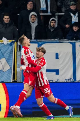 260122 Vladimir Lucic and Vasilije Kostov of Crvena Zvezda celebrate the 0-1 goal during the UEFA Europa League football match between Malmö FF and Crvena Zvezda on January 22, 2026 in Malmö. Photo: Petter Arvidson BILDBYRAN kod PA PA1132 fotboll football soccer fotball uefa europa league europa league malmö ff crvena jubel zvezda bbeng röda stjärnan Copyright: PETTERxARVIDSON BB260122PA105